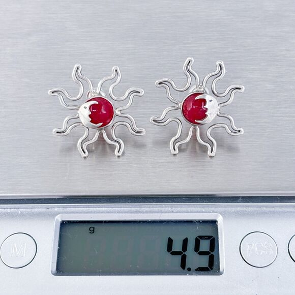 Red Agate Sun Stud Earrings | Vintage Sterling Silver 925 - Picture 5 of 6